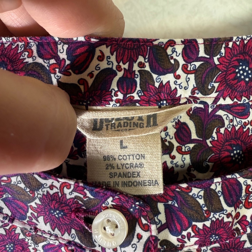 Duluth Trading Co Womens Burgundy Floral Button Up Tunic Blouse L Cotton Stretch - Picture 4 of 11